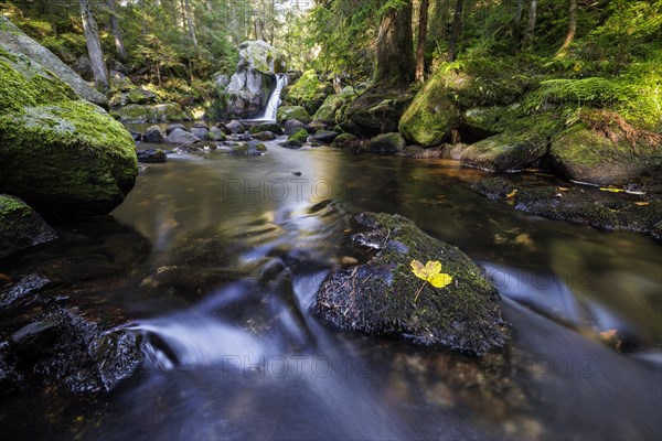 Waterfall in autumn forest with rocks