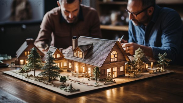 Architects working together assembling A small scale model housing developement on the table. generative AI