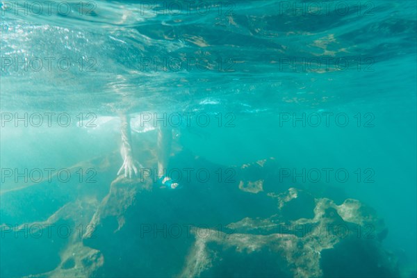 A young Caucasian brunette with flip flops getting into the water