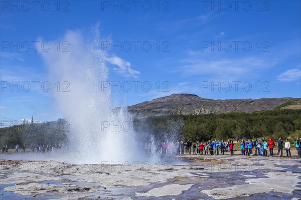 Geysir Strokkur with the sun in the background of the golden circle of the south of Iceland