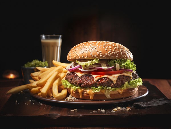 Fresh cooked delicious cheeseburger with all the fixings with fries. generative AI