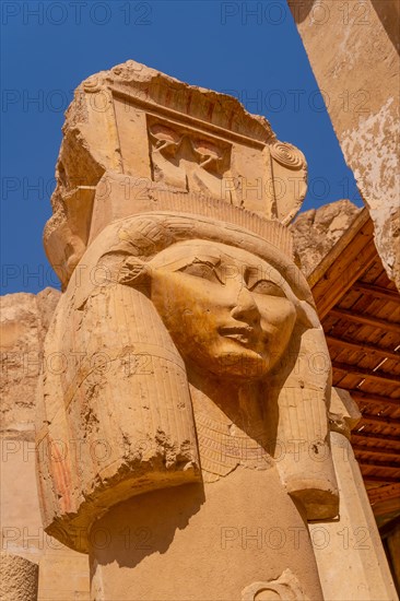 Historical sculptures on the pillars of the Hatshepsut Funerary Temple in Luxor. Egypt