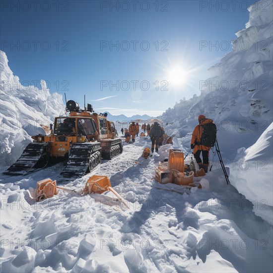 Helpers use evacuation aids to search for people buried in an avalanche