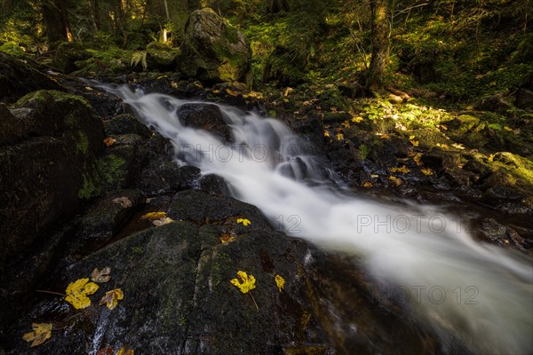 Waterfall in autumn forest with rocks