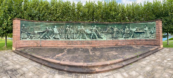 Crucible Casting Monument Monument in the form of panorama semicircle by sculptor Artur Hoffmann from 1952 for steelworkers of Krupp Stahl Stahlwerke depiction semi relief of manufacture production of...