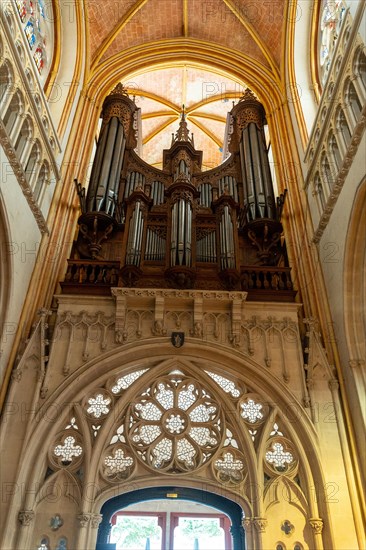 Organ inside the Saint Corentin Cathedral in the medieval town of Quimper in the Finisterre department. French Brittany
