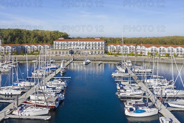 Weisse Wiek holiday resort at Boltenhagen along the Baltic Sea showing hotels and sailing boats in marina