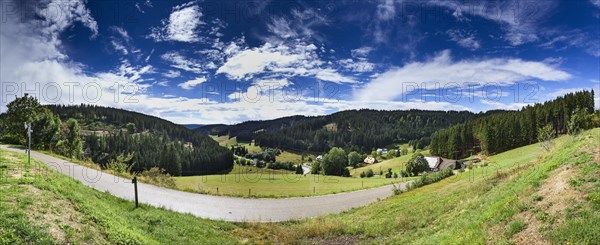 Landscape with blue and white sky near Furtwangen in the Black Forest