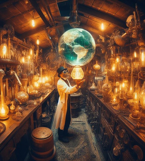 Steampunk magician artisan god mechanic in lab check repair planet health as earth day concept illustration generative ai art
