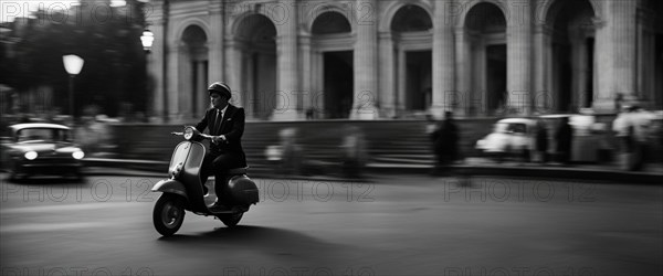 Italian elegant man wearing suit and tie driving moped vintage scooter in Rome Italy at sunset traditional urban scene