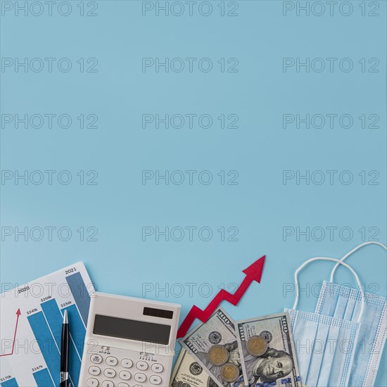 Top view business items with growth chart copy space
