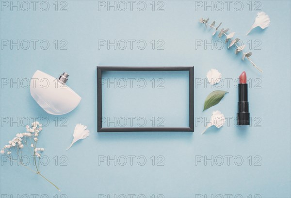 Blank frame with lipstick plants table