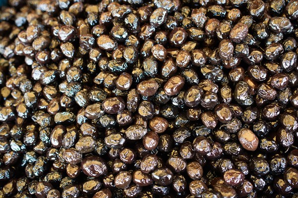 Turkish style prepared olives in the market stands