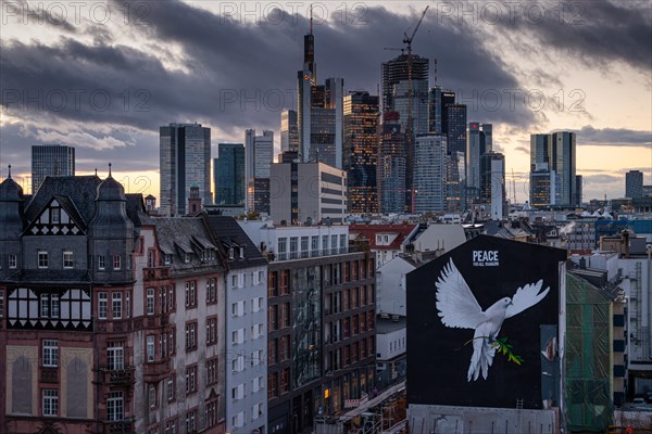 PEACE FOR ALL MANKIND is written above the image of a giant dove of peace on the wall of a house in Frankfurt am Main: a message of peace in the contemporary historical context of the escalated Middle...