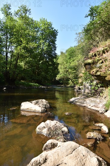 The river Nahe with rocks and vegetation on the Nohener-Nahe-Schleife hiking trail in Naheland