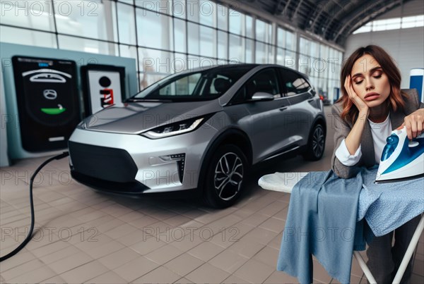 Sleepy bored patient young business woman ironing while waiting ev electric hybrid car suv to charge battery to continue travel art ai generated