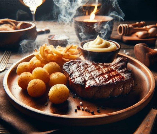 A grilled smoking bovine red meat sirloin steak in a wood dish