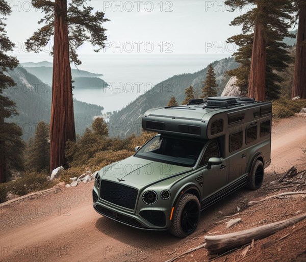 Funny design tuned custom british expensive gt supercar classic camper conversion overlanding in mountain roads
