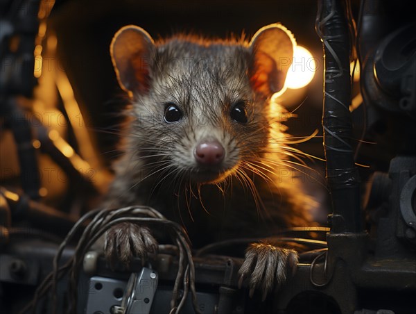 A marten gnaws on a cable in the engine compartment of a car