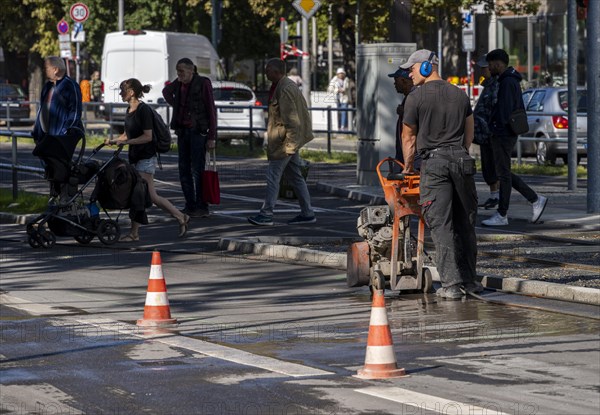 Road construction site next to a tram station