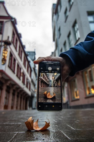 Reflection in a puddle between a historic city centre. Cityscape at the Roemer and the historic houses and streets. Cityscape in Frankfurt am Main