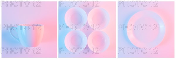 Set white cup bowls plate with light pink background
