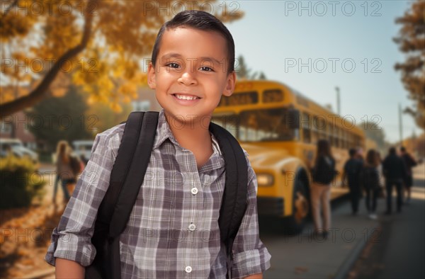 Cute young hispanic boy wearing a backpack near a school bus on campus
