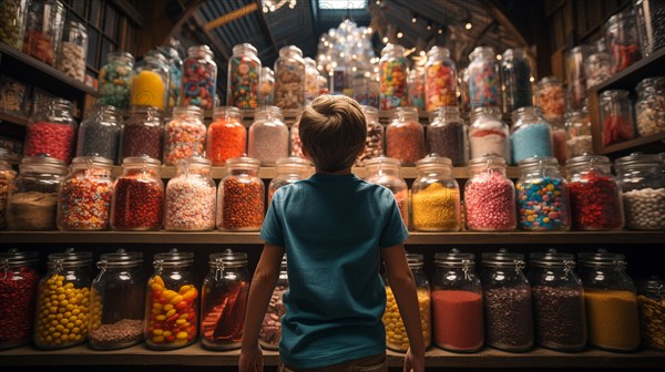 Back view of a small child walking amidst a bountiful display of glass candy jars at a market filled with endless varieties of colorful confections and an abundant selection of sweet treats. generativ...