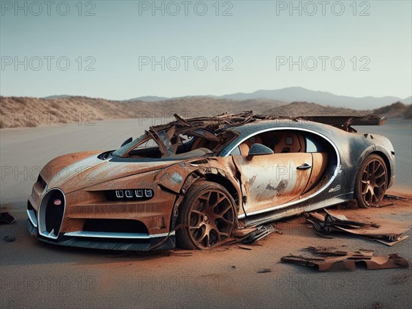 Crashed abandoned rusty expensive atmospheric car as circulation banned for co2 emission 2030 agenda dystopian concept ai generated