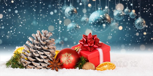 Christmas card Christmas card with Christmas decoration decoration gift Christmas present and Christmas baubles panorama with text free space Copyspace in Stuttgart