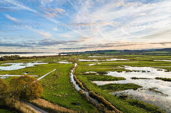 Wetlands and Marshes in RSPB Exminster and Powderham Marshe from a drone