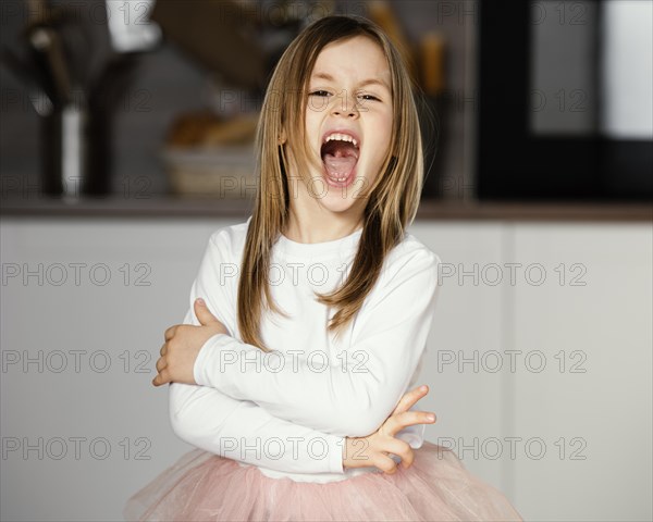 Front view girl tutu skirt with mouth wide open