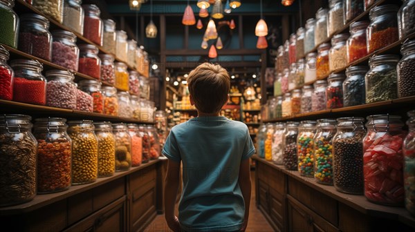Back view of a small child walking amidst a bountiful display of glass candy jars at a market filled with endless varieties of colorful confections and an abundant selection of sweet treats. generativ...