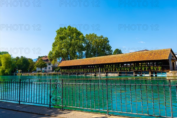 Beautiful Obere Schleuse Bridge in City of Thun in a Sunny Summer Day