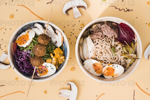Asian style food bowls colored background