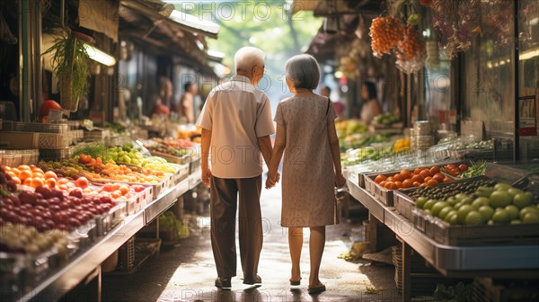 Happy senior adult chinese couple enjoying the farmers market with bountiful produce. generative AI