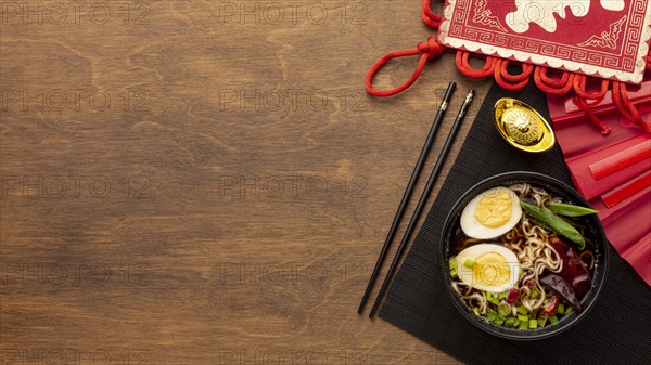 Chinese new year dish wooden background