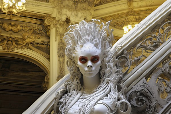 Futuristic white woman porcelain robot on stairs
