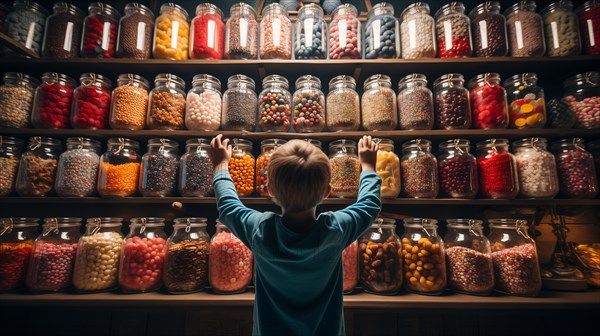 Back view of a small child walking amidst a bountiful display of glass candy jars at a market filled with endless varieties of colorful confections and an abundant selection of sweet treats. generativ...
