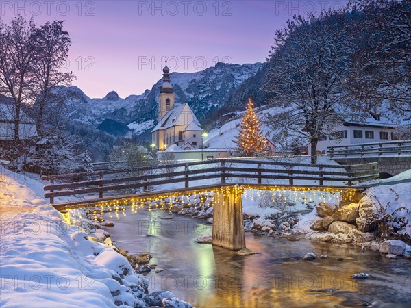 Christmas parish church of St Sebastian at sunset