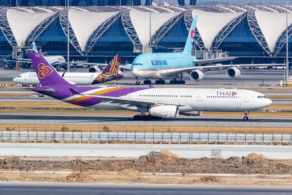 A Thai Airways Airbus A330-300 aircraft with the registration HS-TEO at Bangkok Suvarnabhumi Airport