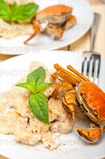 Fresh homemade Italian gnocchi with seafood sauce crab and basil