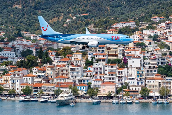 A TUI Airways Boeing 737 MAX 8 aircraft with the registration G-TUMD at Skiathos Airport