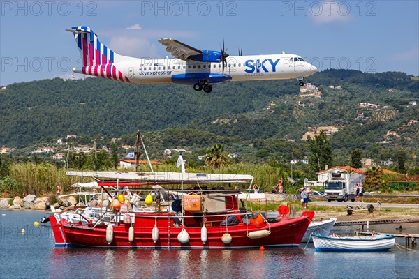 An ATR 72-600 Sky Express aircraft with the registration SX-FIT at Skiathos Airport