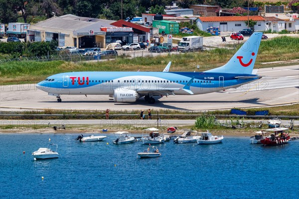 A TUI Airways Boeing 737 MAX 8 aircraft with the registration G-TUMD at Skiathos Airport