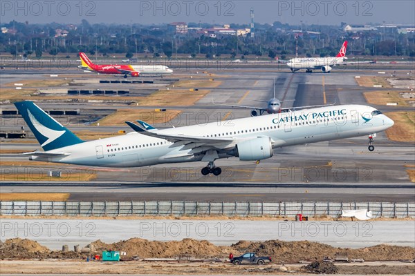 A Cathay Pacific Airbus A350-900 aircraft with registration B-LRQ at Bangkok Suvarnabhumi Airport