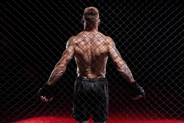 Dramatic depiction of a fighter in an octagon cage. Back view. The concept of sports