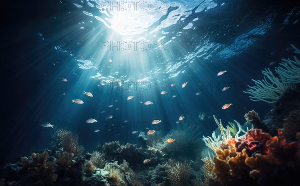 Underwater view of coral reef with sun rays shining through water surface Ai generated