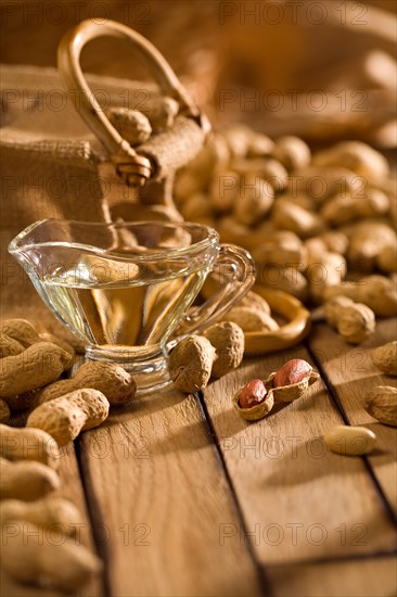 Composition of peanuts on wooden boards