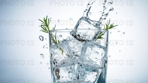 Glass of water with ice cubes and cannabis leaf on white background Ai generated